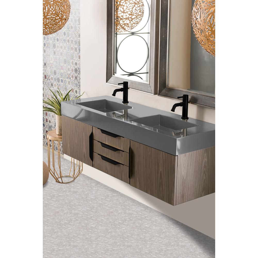 59" Double Vanity, Ash Gray, Matte Black w/ Dusk Grey Glossy Composite Top. Picture 3