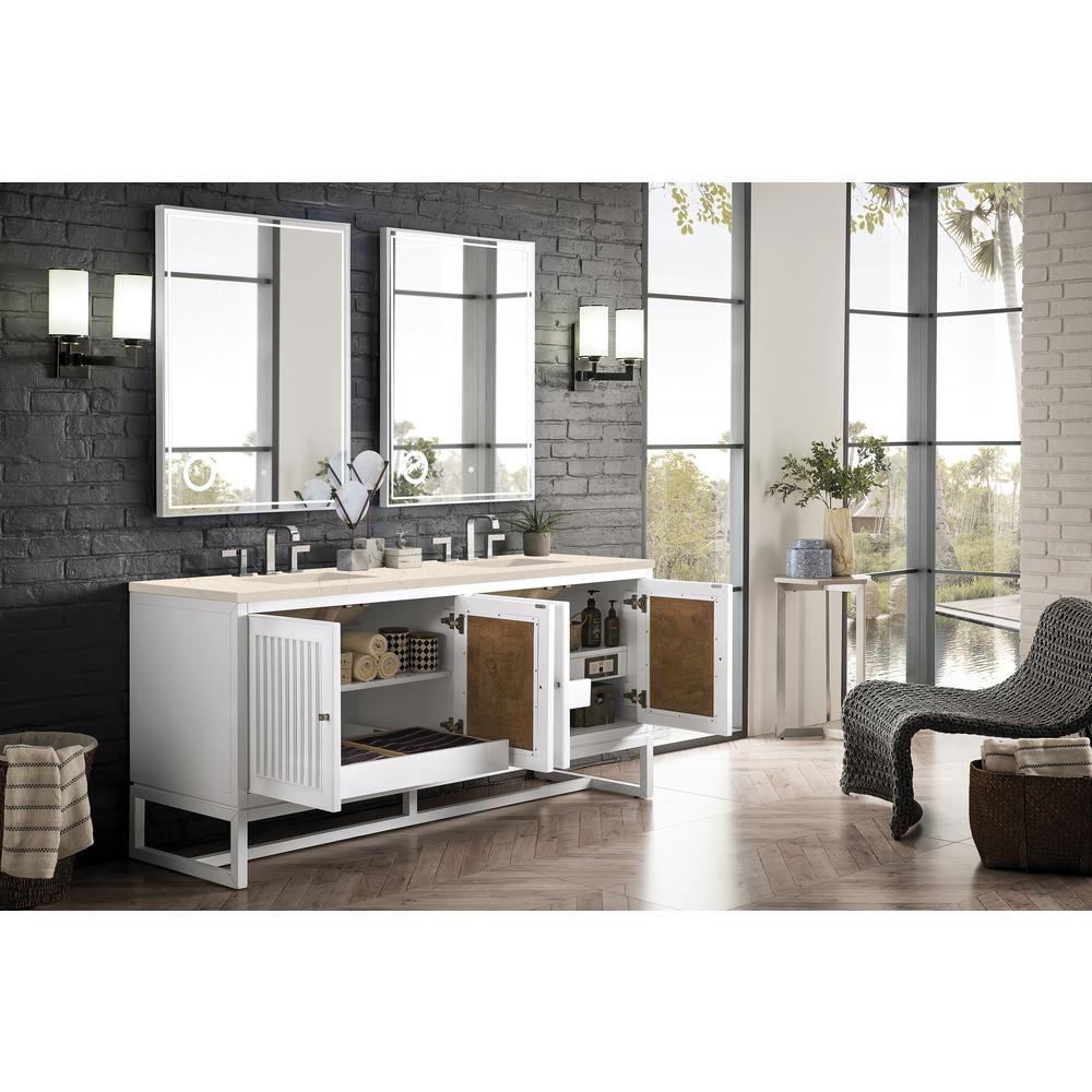 Athens 72" Double Vanity Cabinet, Glossy White, w/ 3 CM Eternal Marfil Top. Picture 5