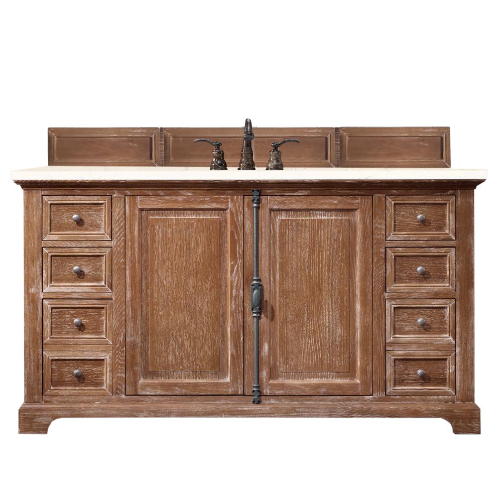 60" Single Vanity Cabinet, Driftwood, w/ 3 CM Eternal Marfil Quartz Top. Picture 1