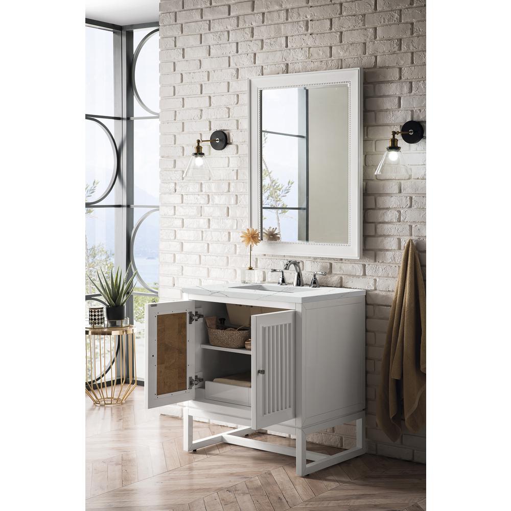 Athens 30" Single Vanity Cabinet, Glossy White, w/ 3 CM Ethereal Noctis Top. Picture 4