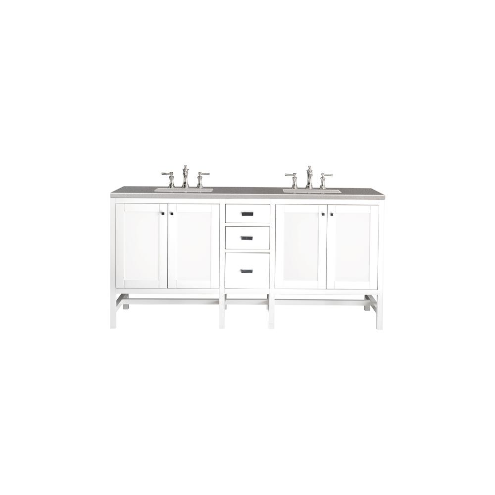 Addison 72" Double Vanity Cabinet, Glossy White, w/ 3 CM Grey Expo Quartz Top. Picture 1