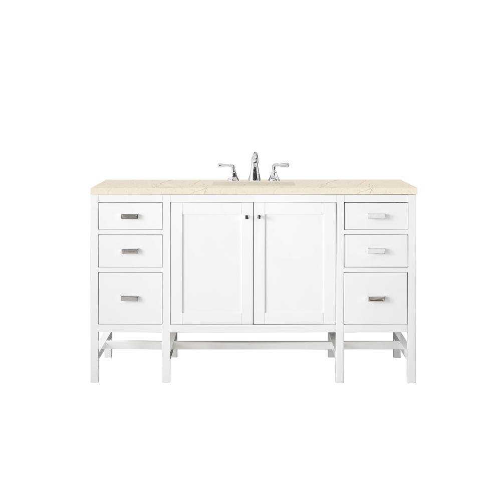 Addison 60" Single Vanity Cabinet , Glossy White, w/ 3 CM Eternal Marfil Top. Picture 1