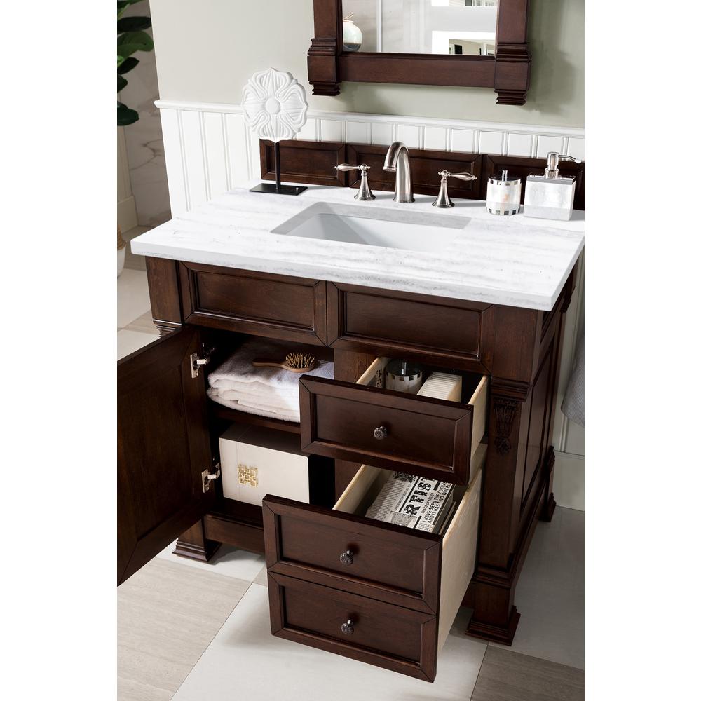 36" Single Vanity, Burnished Mahogany w/ 3 CM Arctic Fall Solid Surface Top. Picture 4