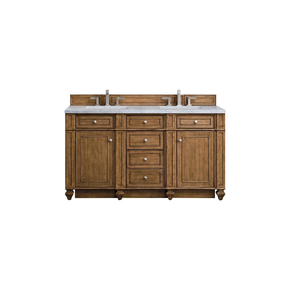 Bristol 60" Double Vanity, Saddle Brown, w/ 3 CM Arctic Fall Solid Surface Top. Picture 1