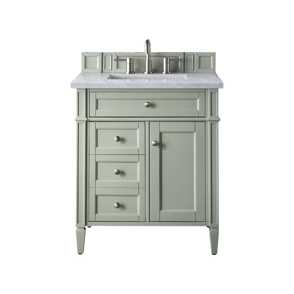 Brittany 30" Single Vanity, Sage Green w/ 3 CM Carrara Marble Top. Picture 1