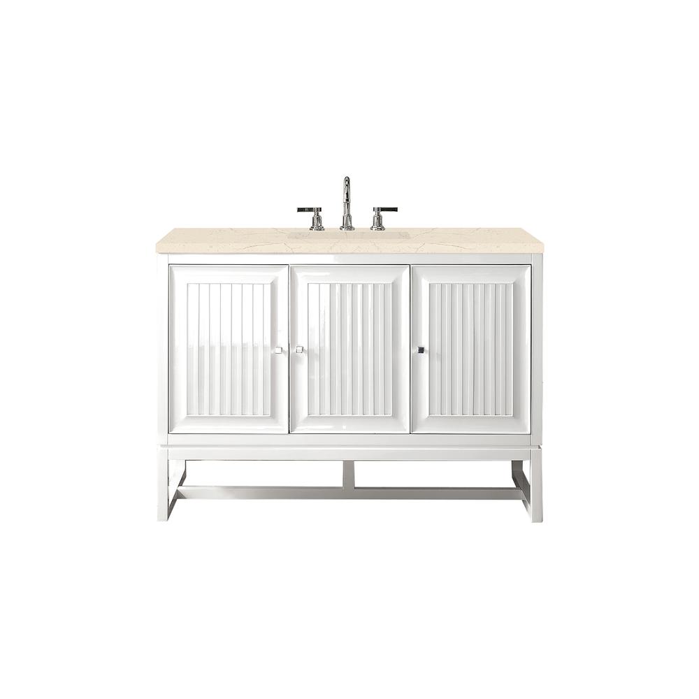 Athens 48" Single Vanity Cabinet, Glossy White, w/ 3 CM Eternal Marfil Top. Picture 1