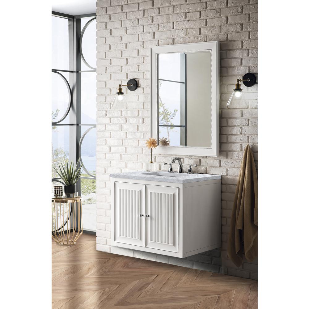 Athens 30" Single Vanity Cabinet, Glossy White, w/ 3 CM Carrara White Top. Picture 6