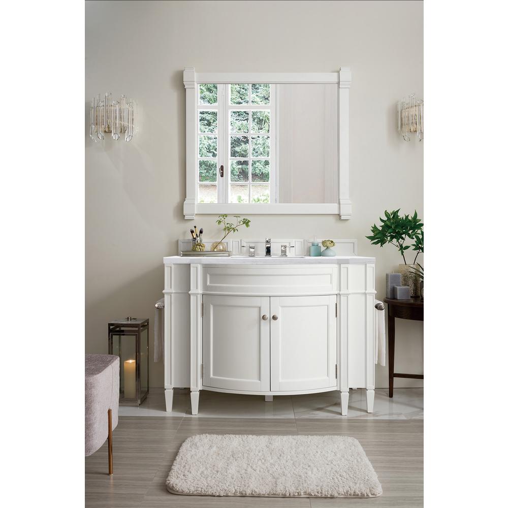 Brittany 46" Single Vanity, Bright White w/ 3 CM Arctic Fall Solid Surface Top. Picture 2