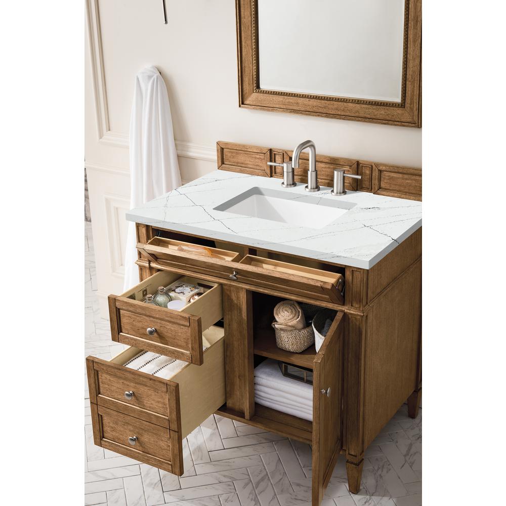 Brittany 36" Saddle Brown Single Vanity w/ 3 CM Ethereal Noctis Quartz Top. Picture 4