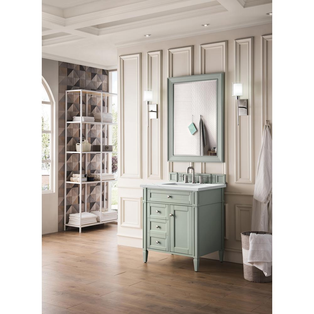 Brittany 30" Single Vanity, Sage Green, w/ 3 CM Ethereal Noctis Quartz Top. Picture 3