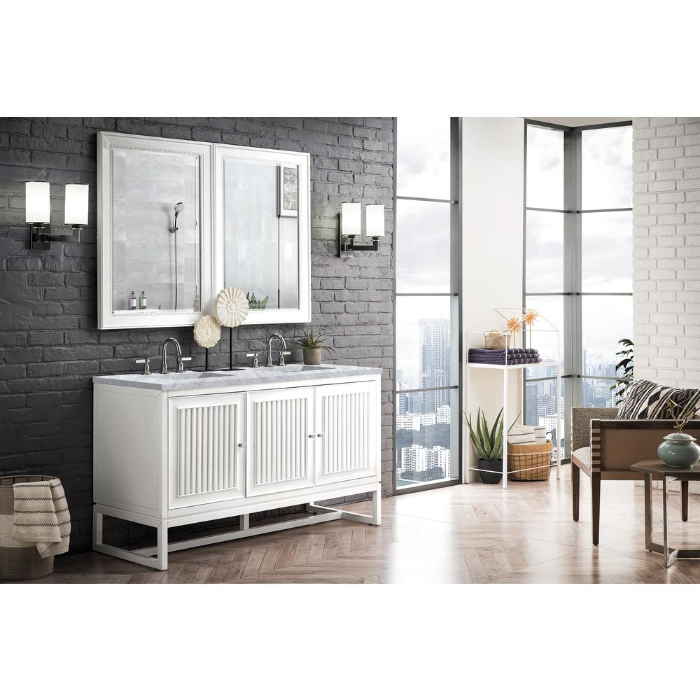 Athens 60" Double Vanity Cabinet, Glossy White, w/ 3 CM Carrara White Top. Picture 4