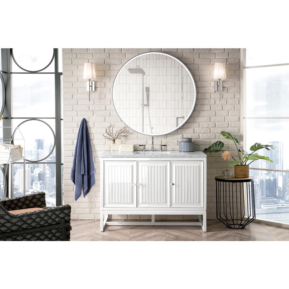 Athens 48" Single Vanity Cabinet, Glossy White, w/ 3 CM Carrara White Top. Picture 2