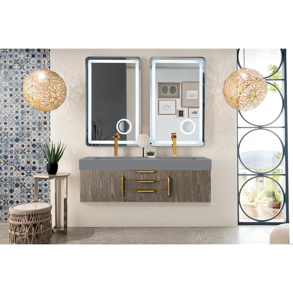 59" Double Vanity, Ash Gray, Radiant Gold w/ Dusk Grey Glossy Composite Top. Picture 2