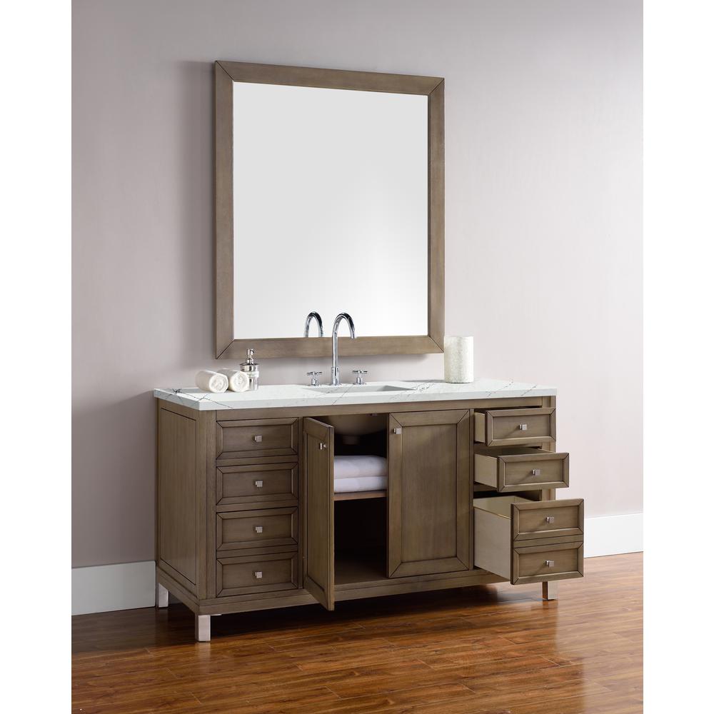 Chicago 60" Single Vanity, Whitewashed Walnut w/ 3 CM Ethereal Noctis Quartz Top. Picture 4
