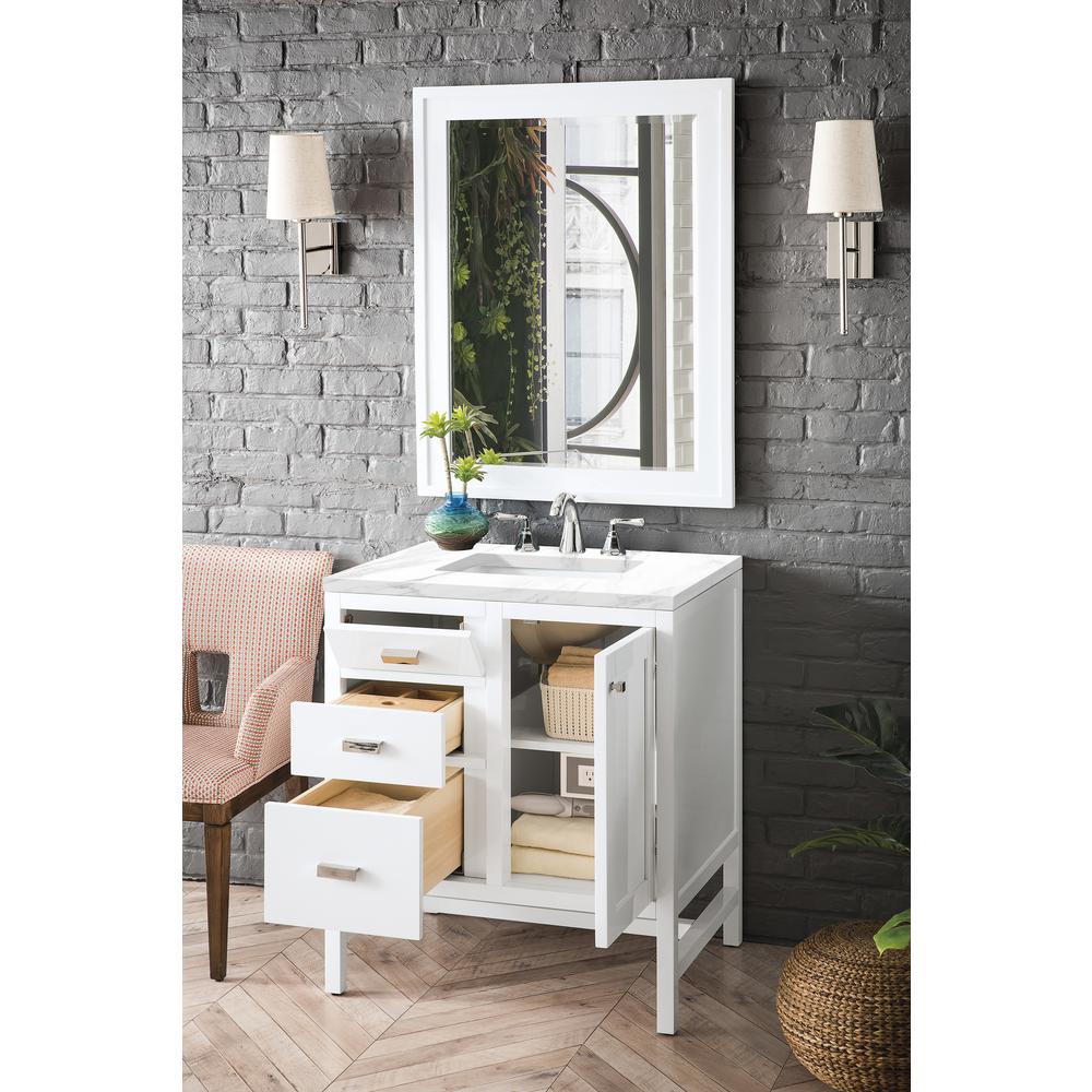 Addison 30" Single Vanity Cabinet, Glossy White, w/ 3 CM Carrara White Top. Picture 4