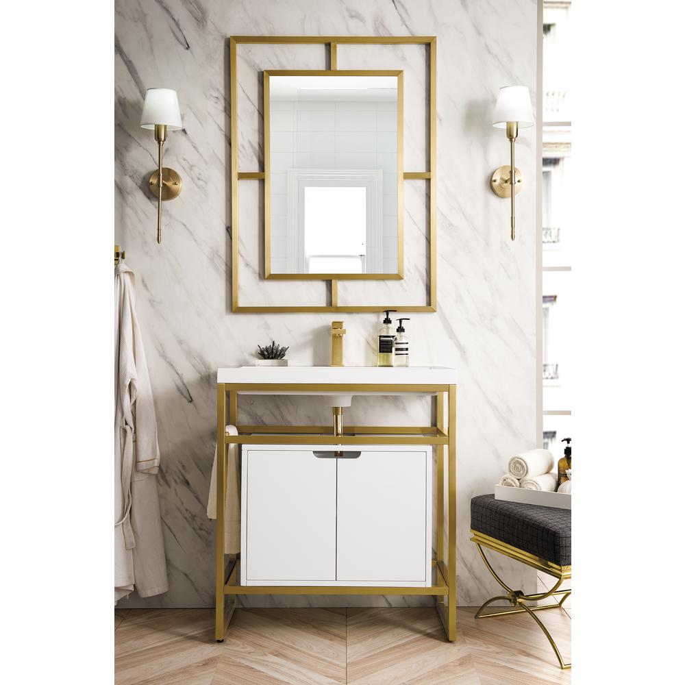 31.5" Sink Console, Radiant Gold Glossy White Storage Cabinet, White Countertop. Picture 2