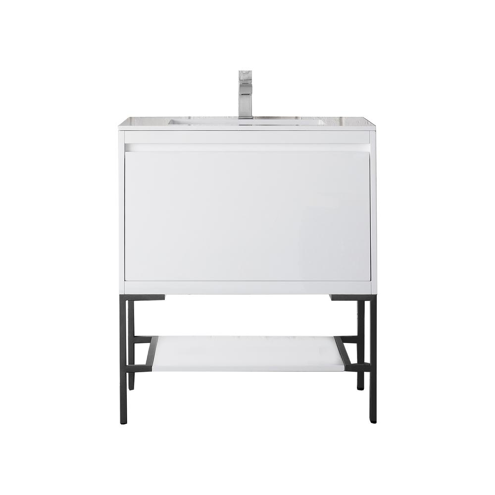 31.5" Single Vanity Cabinet, Glossy White, Matte Black Composite Top. Picture 1