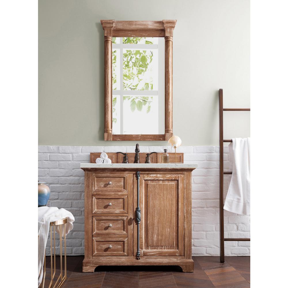 36" Single Vanity Cabinet, Driftwood, w/ 3 CM Eternal Jasmine Pearl Quartz Top. Picture 2