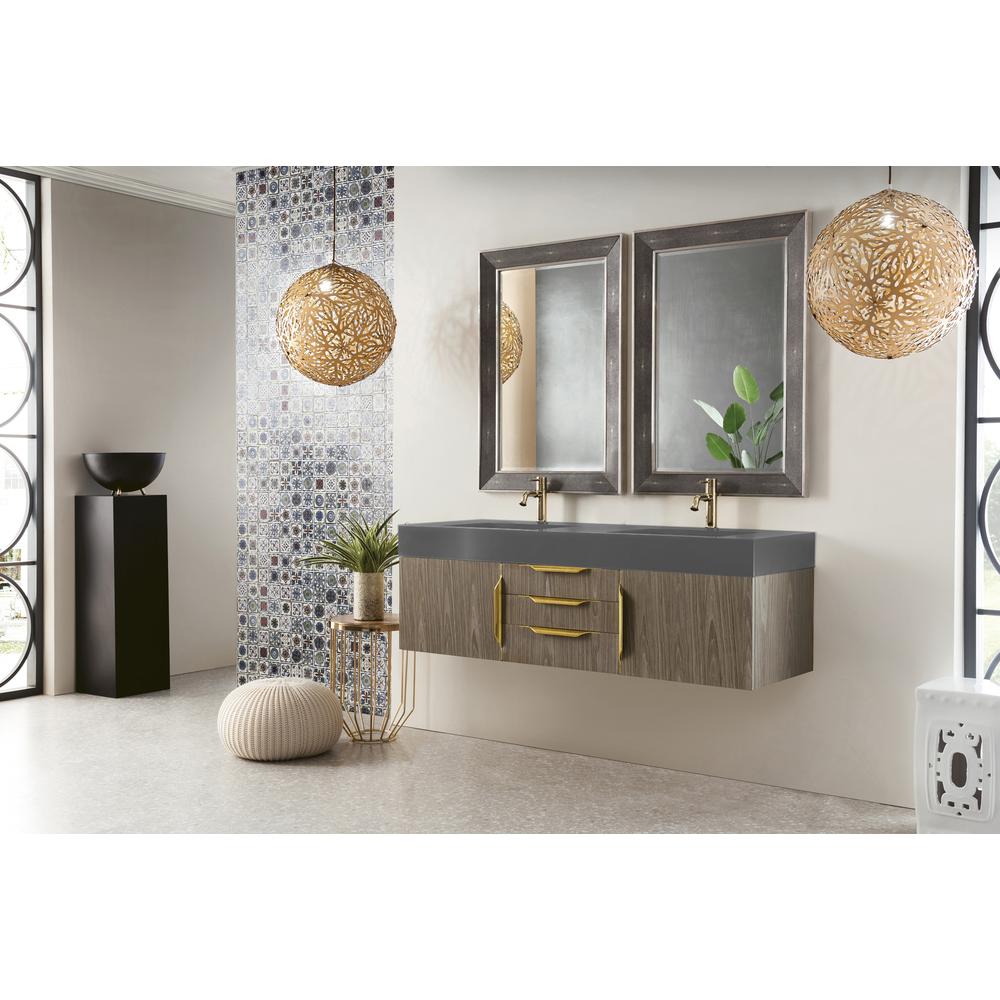 59" Double Vanity, Ash Gray, Radiant Gold w/ Dusk Grey Glossy Composite Top. Picture 3