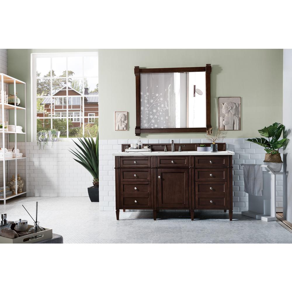 Brittany 60" Burnished Mahogany Single Vanity w/ 3 CM Ethereal Noctis Quartz Top. Picture 2