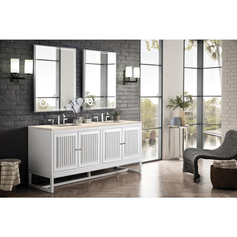 Athens 72" Double Vanity Cabinet, Glossy White, w/ 3 CM Eternal Marfil Top. Picture 4