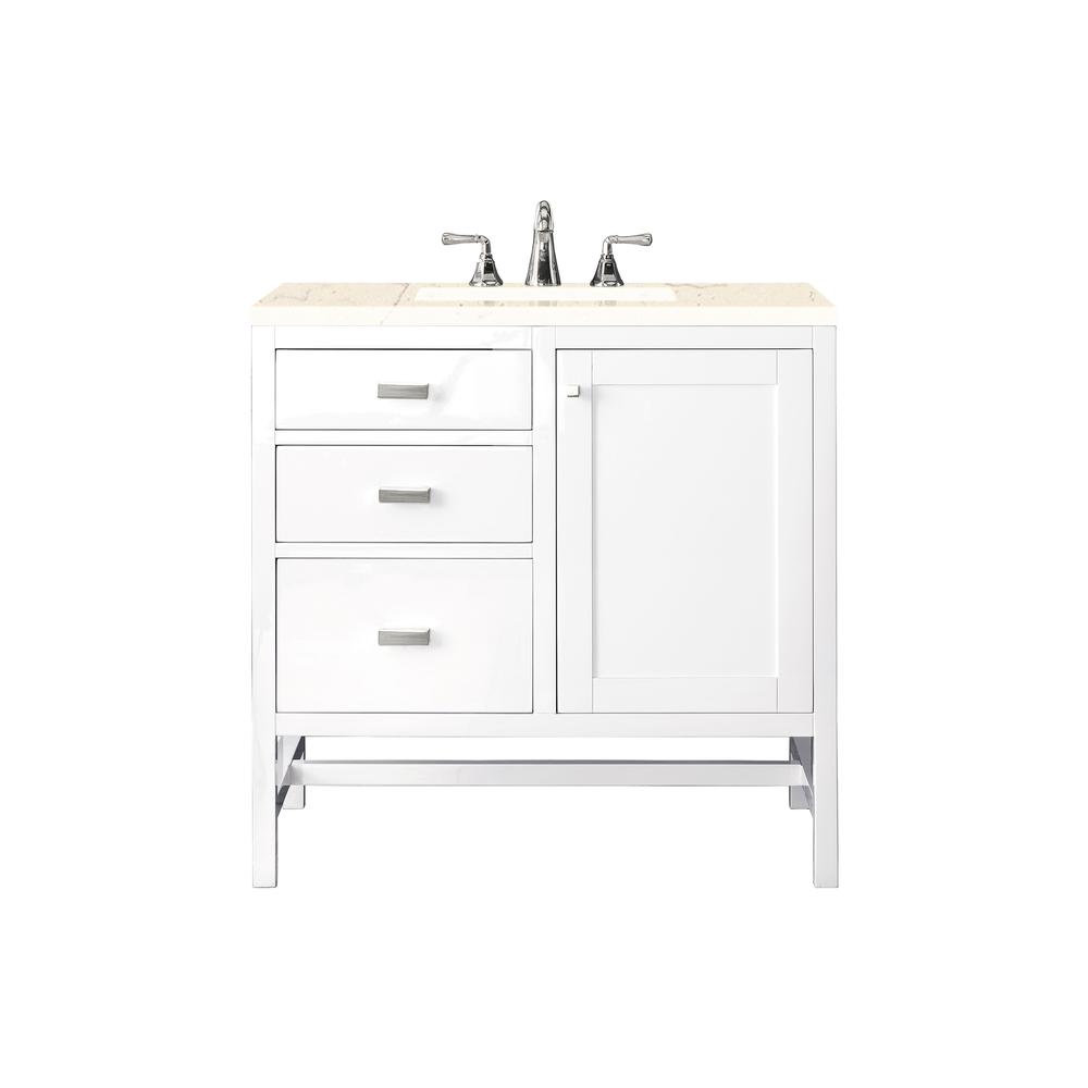 Addison 36" Single Vanity Cabinet, Glossy White, w/ 3 CM Eternal Marfil Top. Picture 1