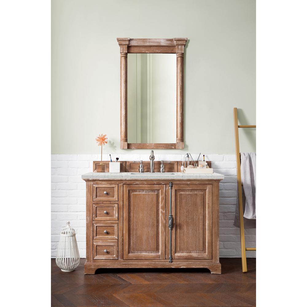 48" Single Vanity Cabinet, Driftwood, w/ 3 CM Eternal Jasmine Pearl Quartz Top. Picture 2