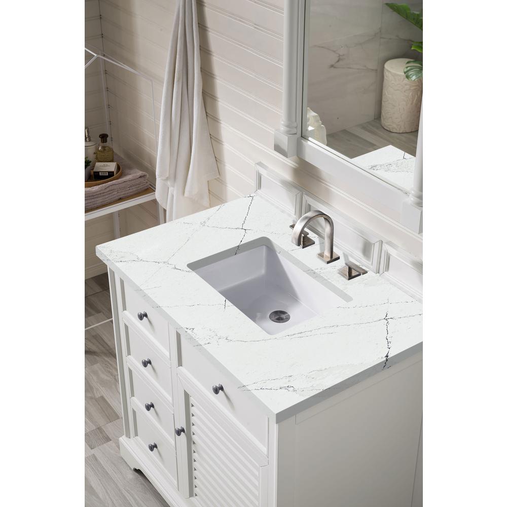 36" Single Vanity Cabinet, Bright White, w/ 3 CM Ethereal Noctis Quartz Top. Picture 3