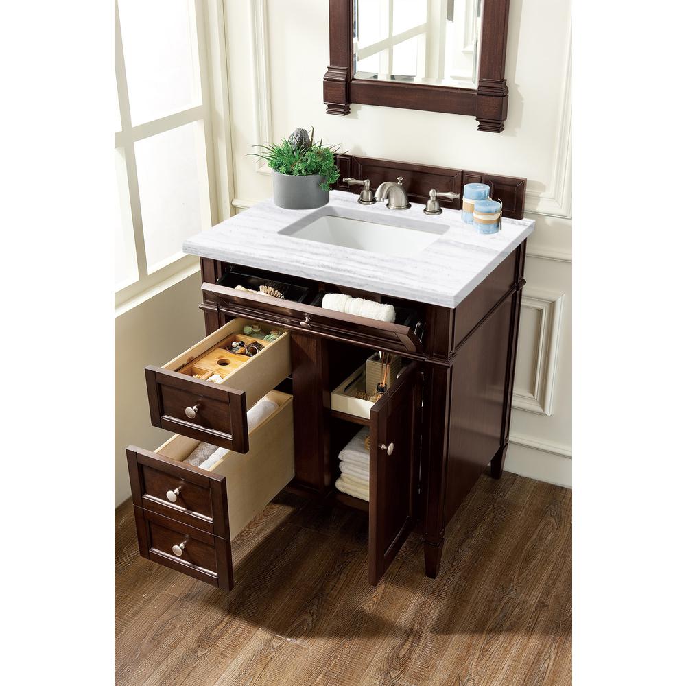 30" Single Vanity, Burnished Mahogany w/ 3 CM Arctic Fall Solid Surface Top. Picture 4