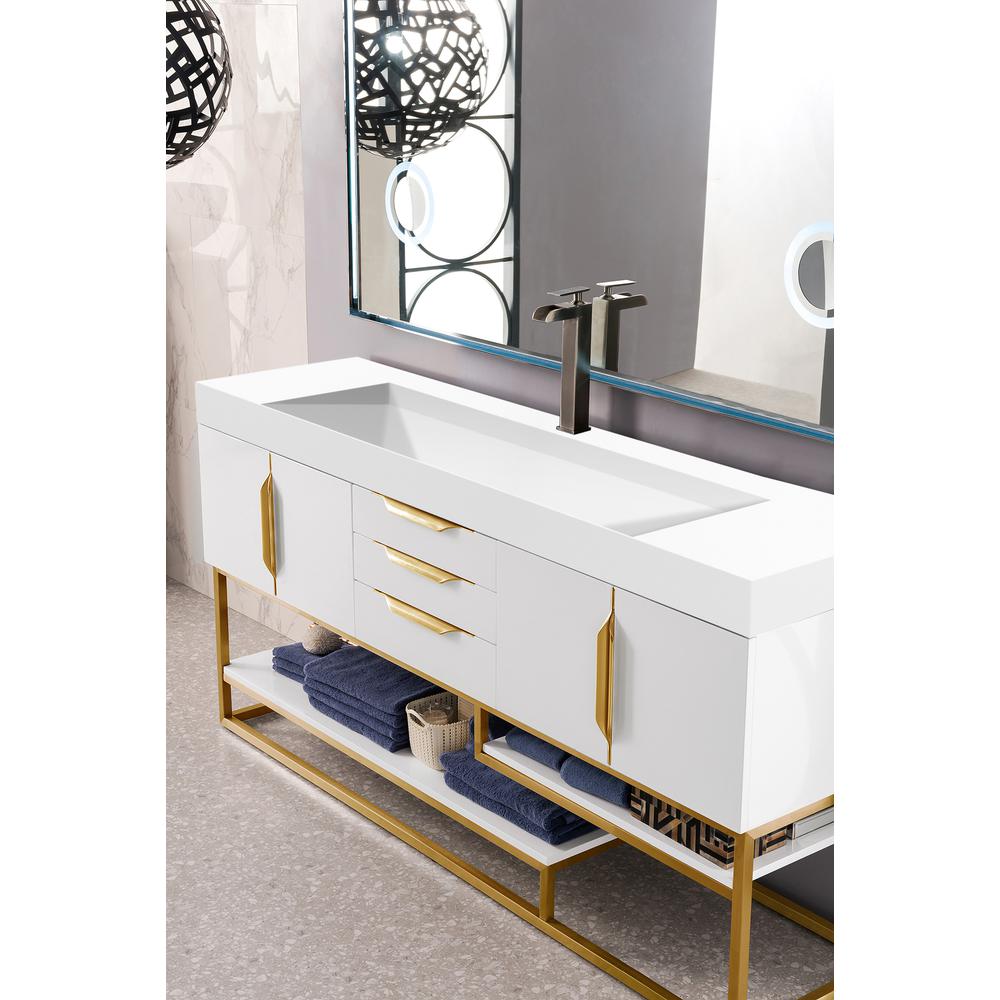 72" Single Vanity, Glossy White, Radiant Gold w/ Glossy White Composite Top. Picture 2