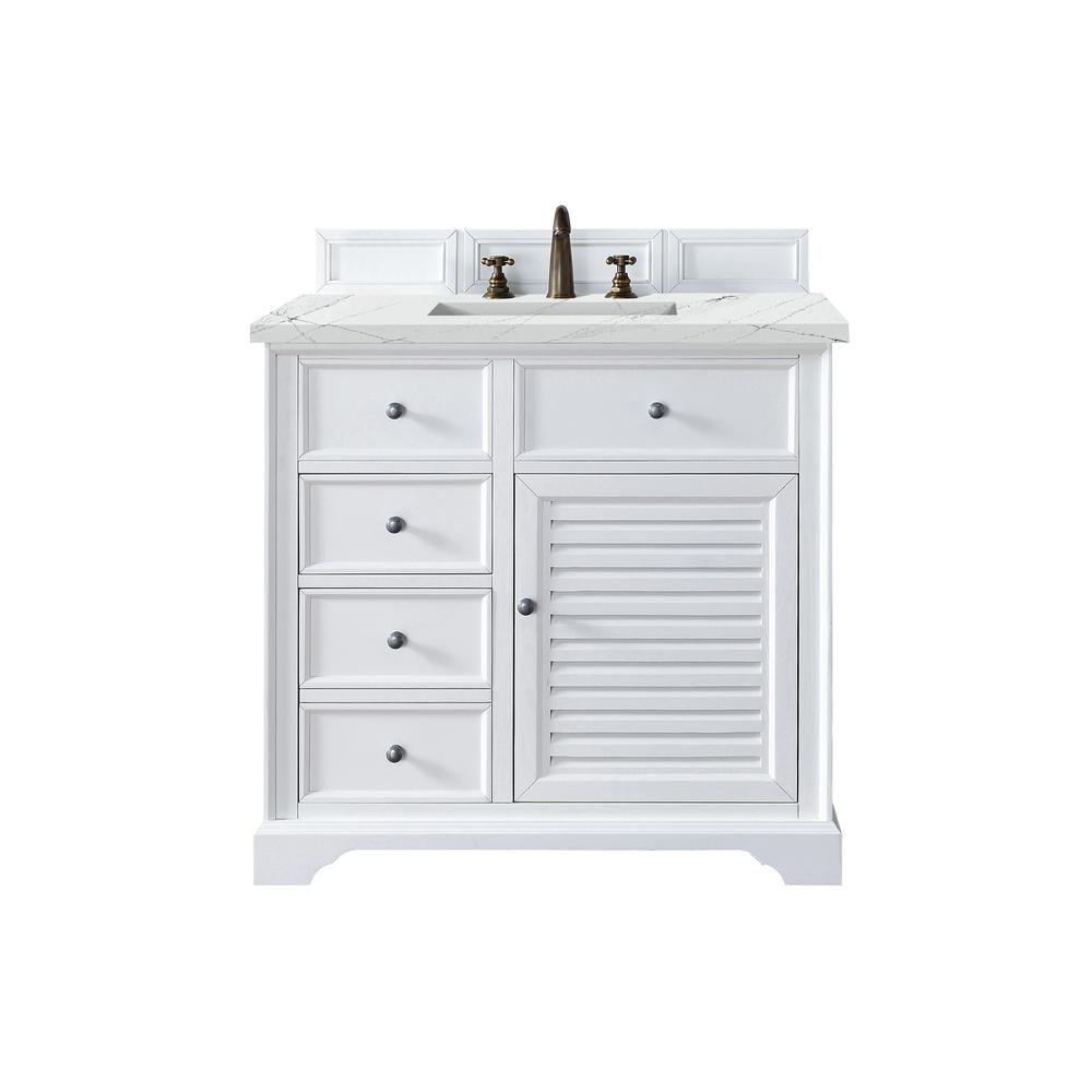 36" Single Vanity Cabinet, Bright White, w/ 3 CM Ethereal Noctis Quartz Top. Picture 1