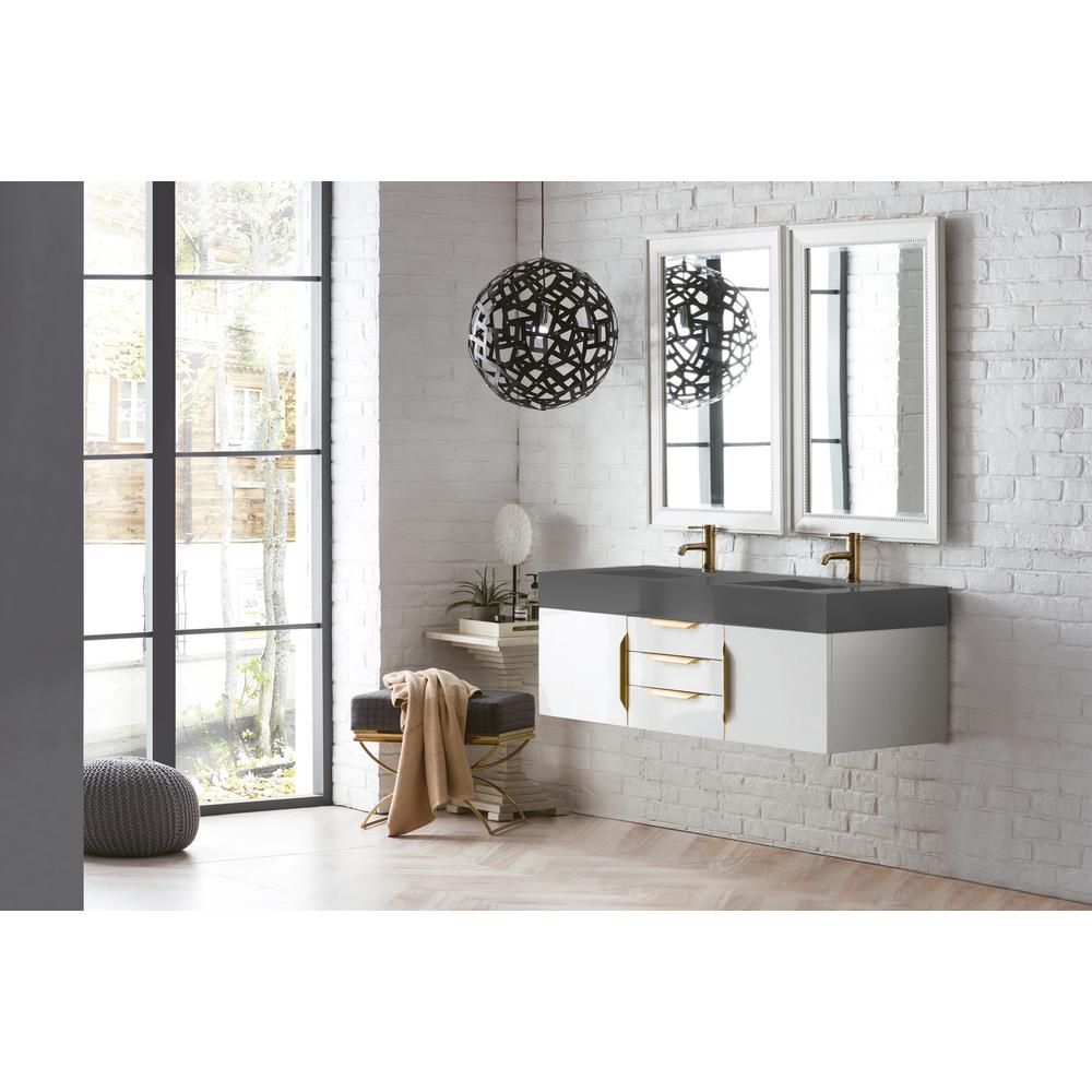 59" Double Vanity, Glossy White, Radiant Gold w/ Dusk Grey Glossy Composite Top. Picture 3