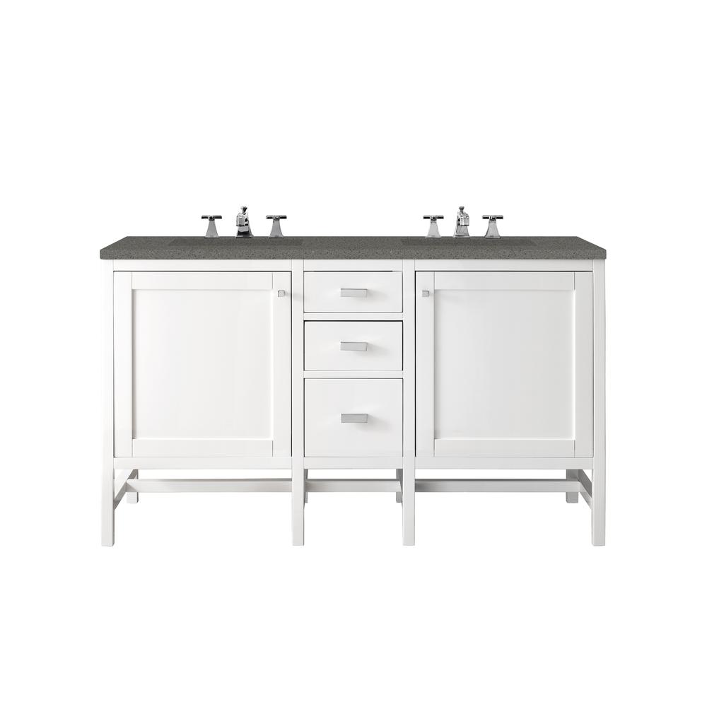Addison 60" Double Vanity Cabinet, Glossy White, w/ 3 CM Grey Expo Quartz Top. Picture 1