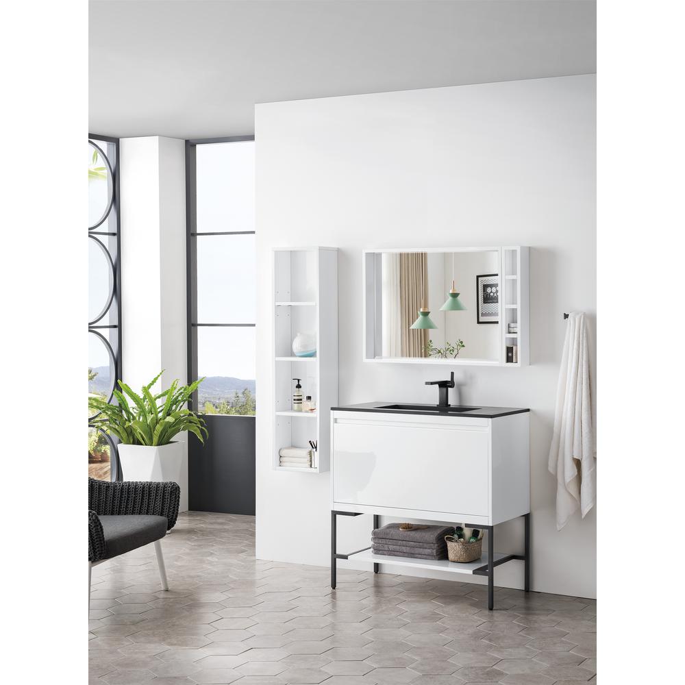 35.4" Single Vanity Cabinet, Glossy White, Matte Black Composite Top. Picture 3