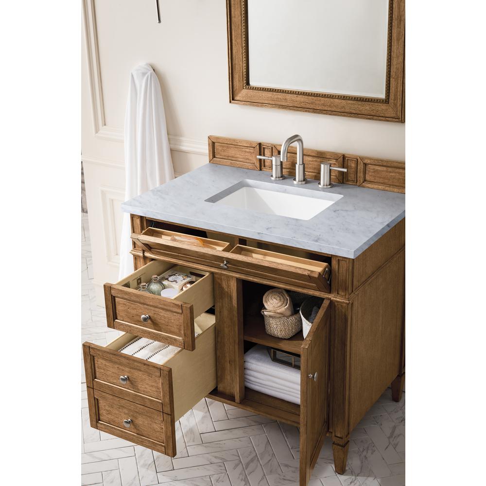 Brittany 36" Saddle Brown Single Vanity w/ 3 CM Arctic Fall Solid Surface Top. Picture 4