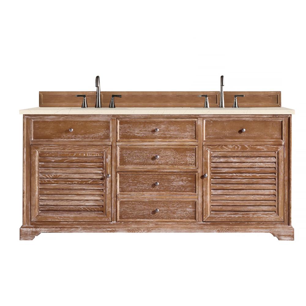 Savannah 72" Double Vanity Cabinet, Driftwood, w/ 3 CM Eternal Marfil Quartz Top. Picture 1