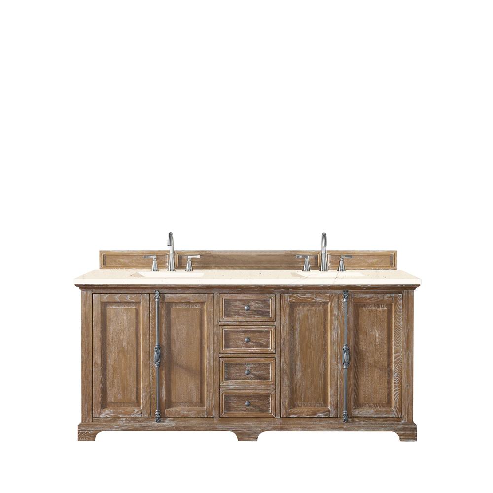 72" Double Vanity Cabinet, Driftwood, w/ 3 CM Eternal Marfil Quartz Top. Picture 1