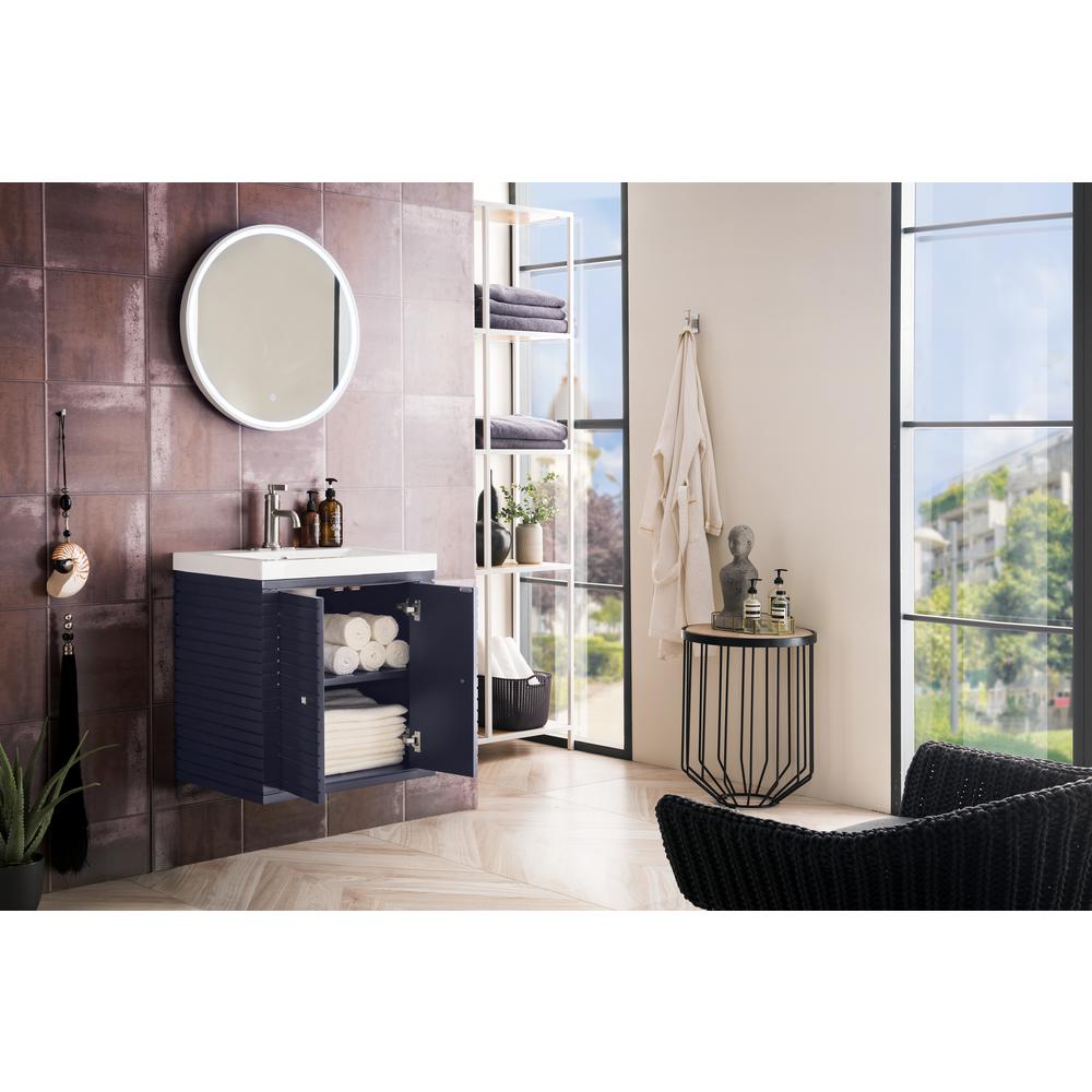 Linden 24" Single Vanity Cabinet, Navy Blue w/ White Glossy Composite Countertop. Picture 6