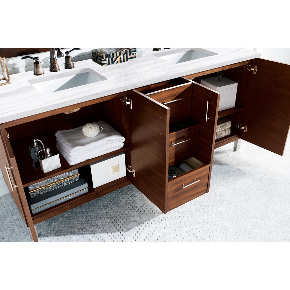 72" American Walnut Double Vanity w/ 3 CM Arctic Fall Solid Surface Top. Picture 4