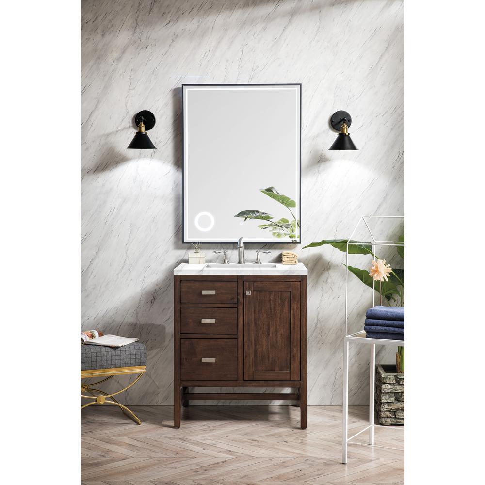 Addison 30" Single Vanity Cabinet, Mid Century Acacia, w/ 3 CM Carrara White Top. Picture 2