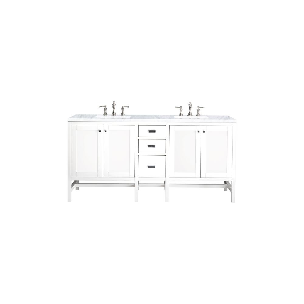 Addison 72" Double Vanity Cabinet, Glossy White, w/ 3 CM Carrara White Top. Picture 1