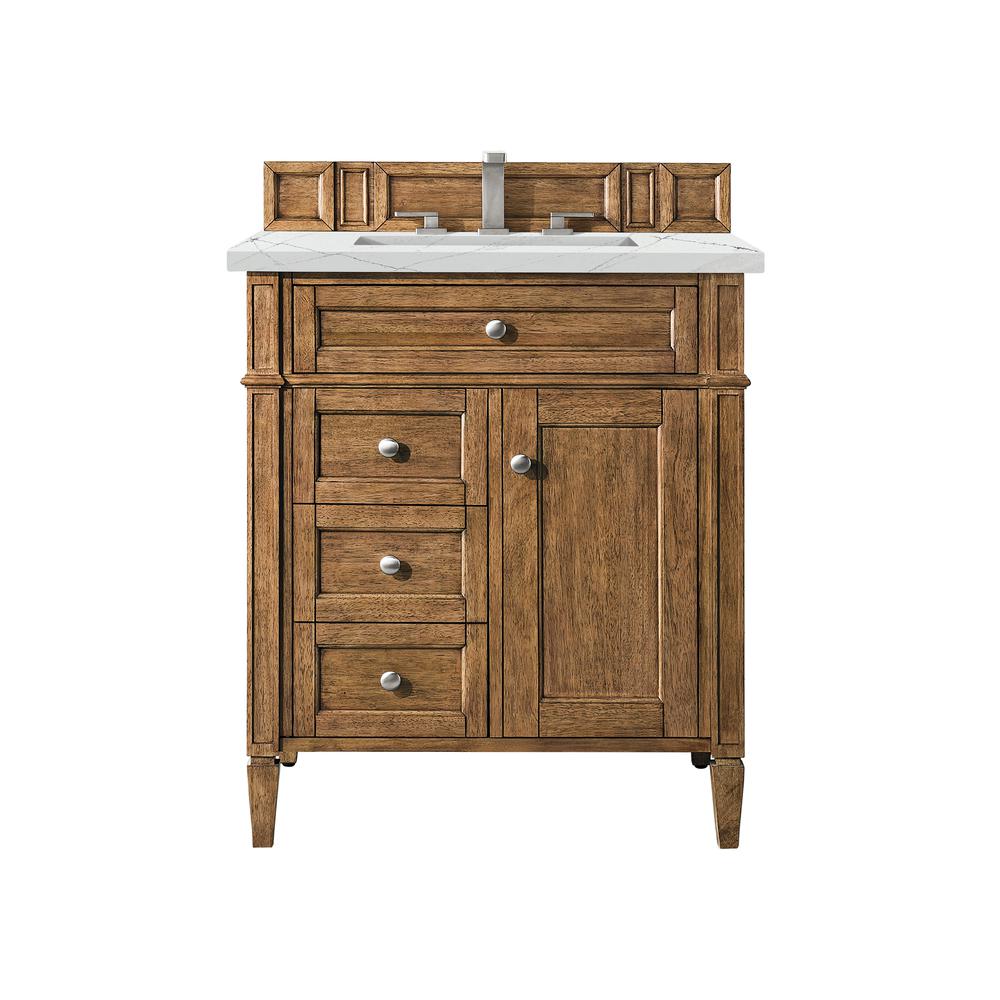 Brittany 30" Single Vanity, Saddle Brown, w/ 3 CM Ethereal Noctis Quartz Top. Picture 1