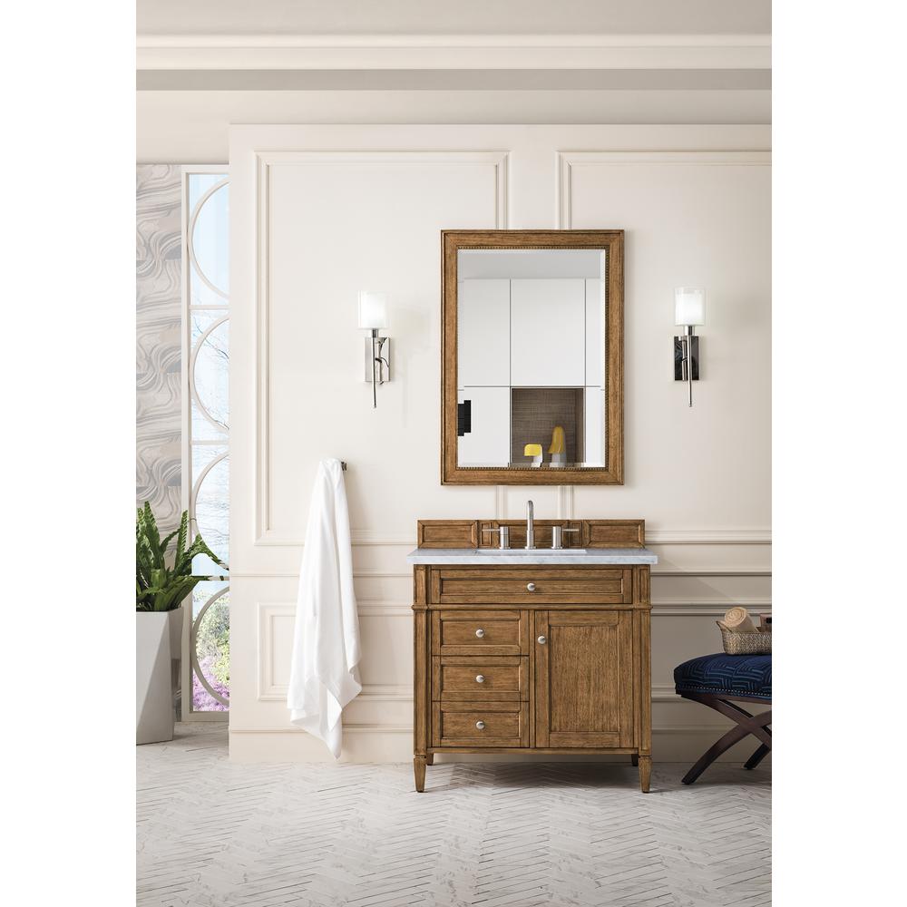 Brittany 36" Saddle Brown Single Vanity w/ 3 CM Carrara Marble Top. Picture 2