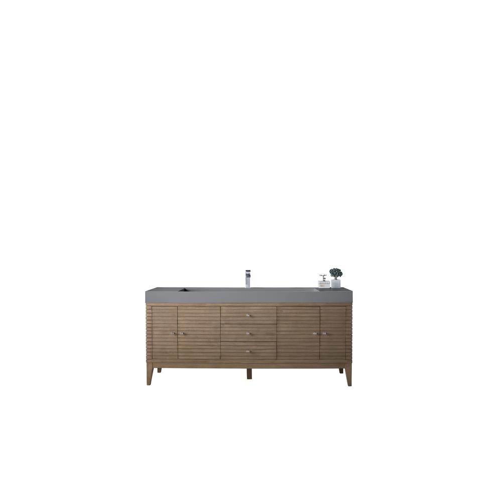 Linear 72" Single Vanity Whitewashed Walnut w/ Dusk Grey Glossy Composite Top. Picture 1