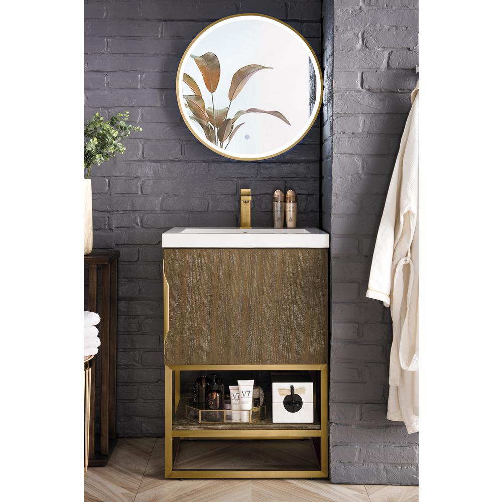 24" Single Vanity, Latte Oak, Radiant Gold w/ White Glossy Composite Countertop. Picture 2
