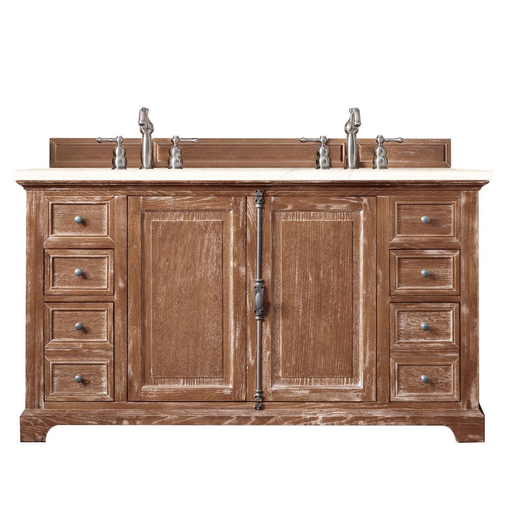 60" Double Vanity Cabinet, Driftwood, w/ 3 CM Eternal Marfil Quartz Top. Picture 1