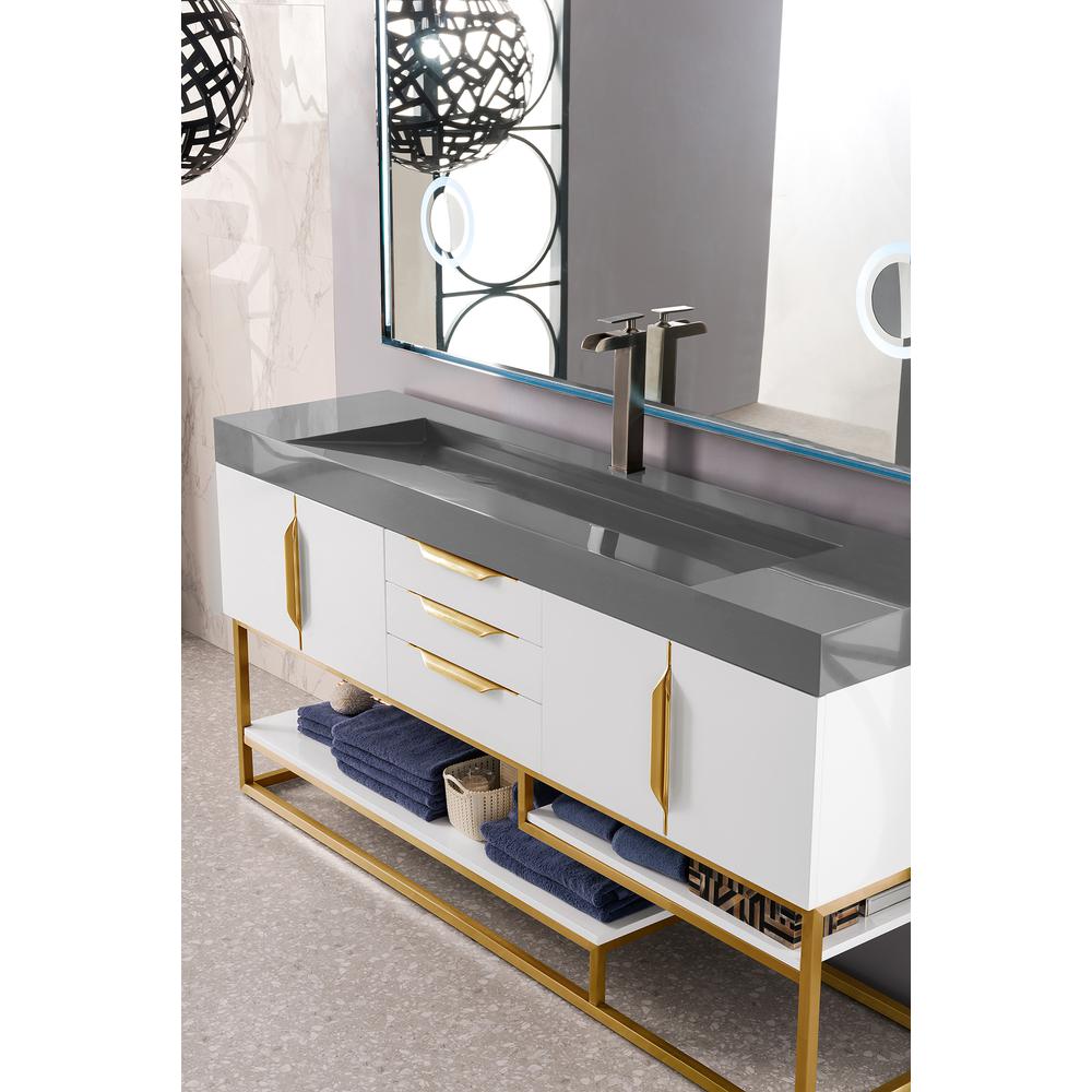 72" Single Vanity, Glossy White, Radiant Gold w/ Dusk Grey Glossy Composite Top. Picture 2