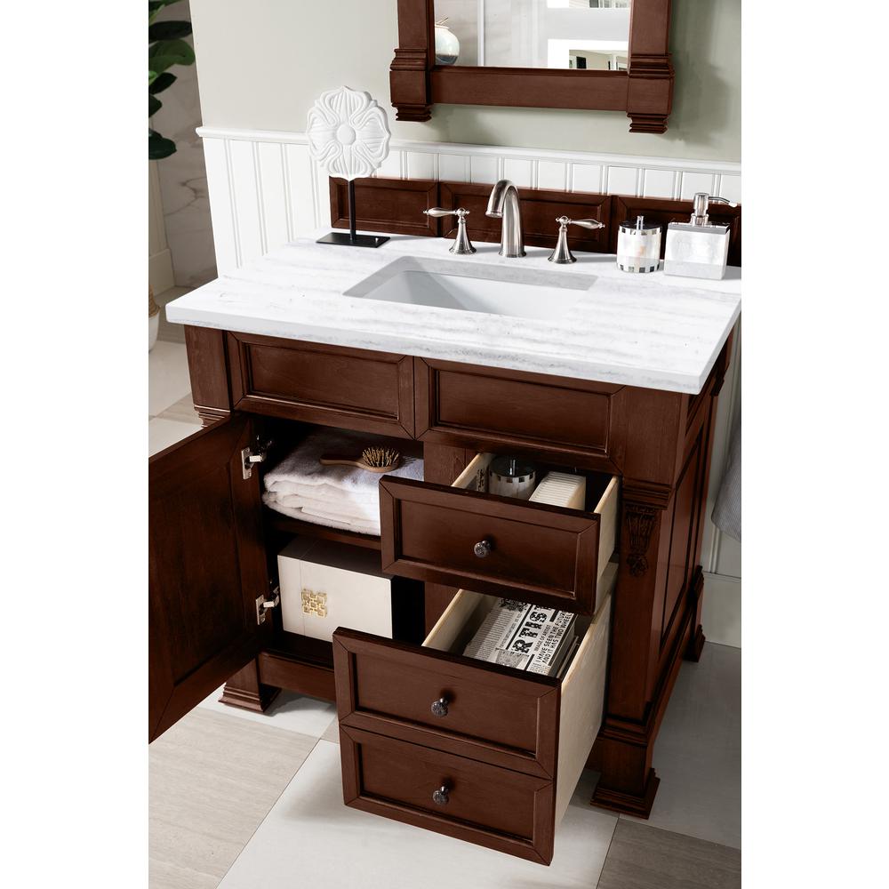 Brookfield 36" Single Vanity, Warm Cherry w/ 3 CM Arctic Fall Solid Surface Top. Picture 4
