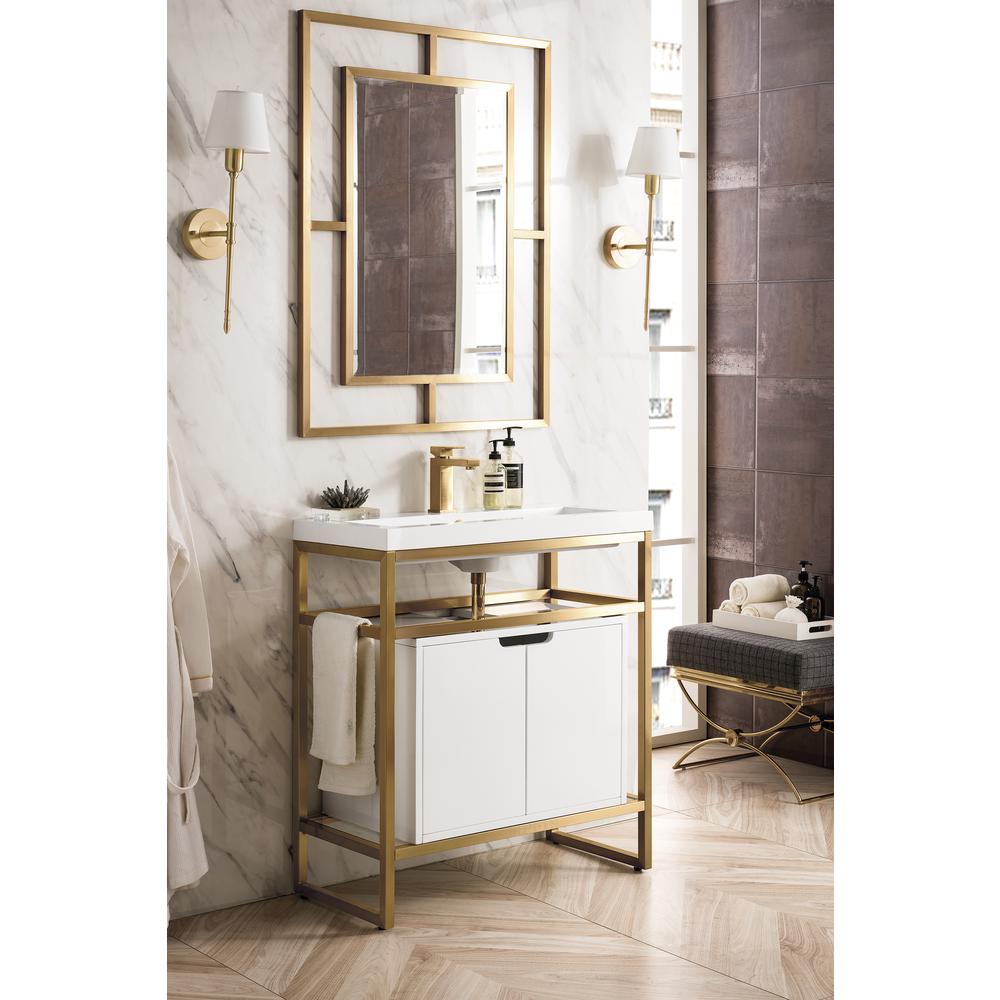 31.5" Sink Console, Radiant Gold Glossy White Storage Cabinet, White Countertop. Picture 3