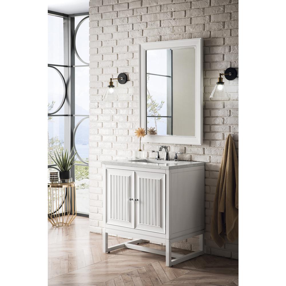 Athens 30" Single Vanity Cabinet, Glossy White, w/ 3 CM Carrara White Top. Picture 3